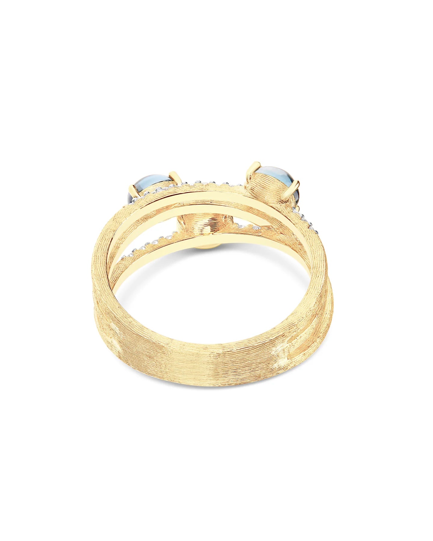 Anello Nanis "DANCING AZURE" incrociato in oro, diamanti e topazio london blu