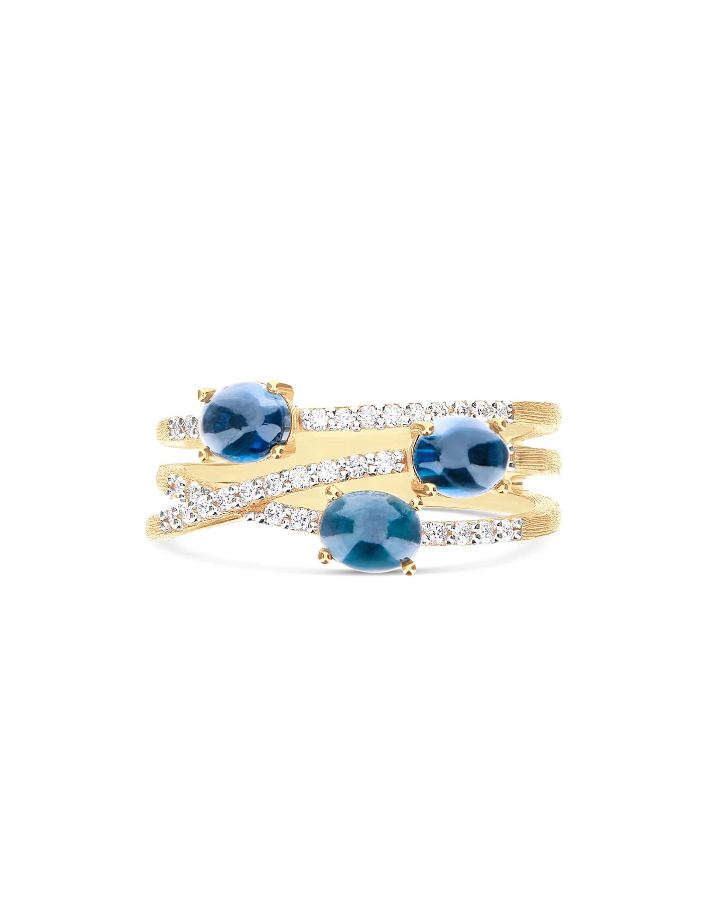 Anello Nanis "DANCING AZURE" incrociato in oro, diamanti e topazio london blu