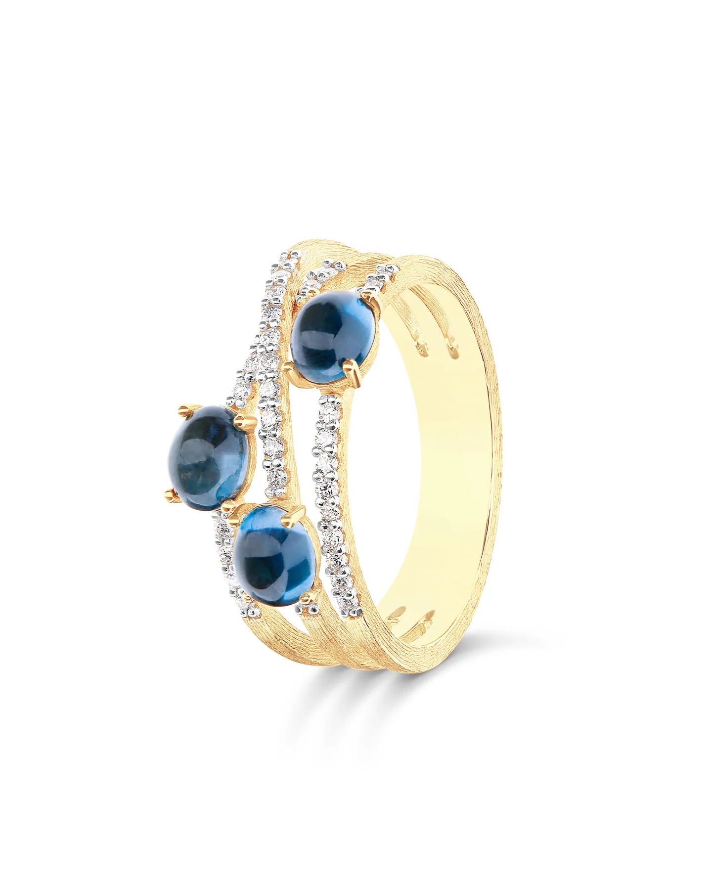 Anello Nanis "DANCING AZURE" incrociato in oro, diamanti e topazio london blu