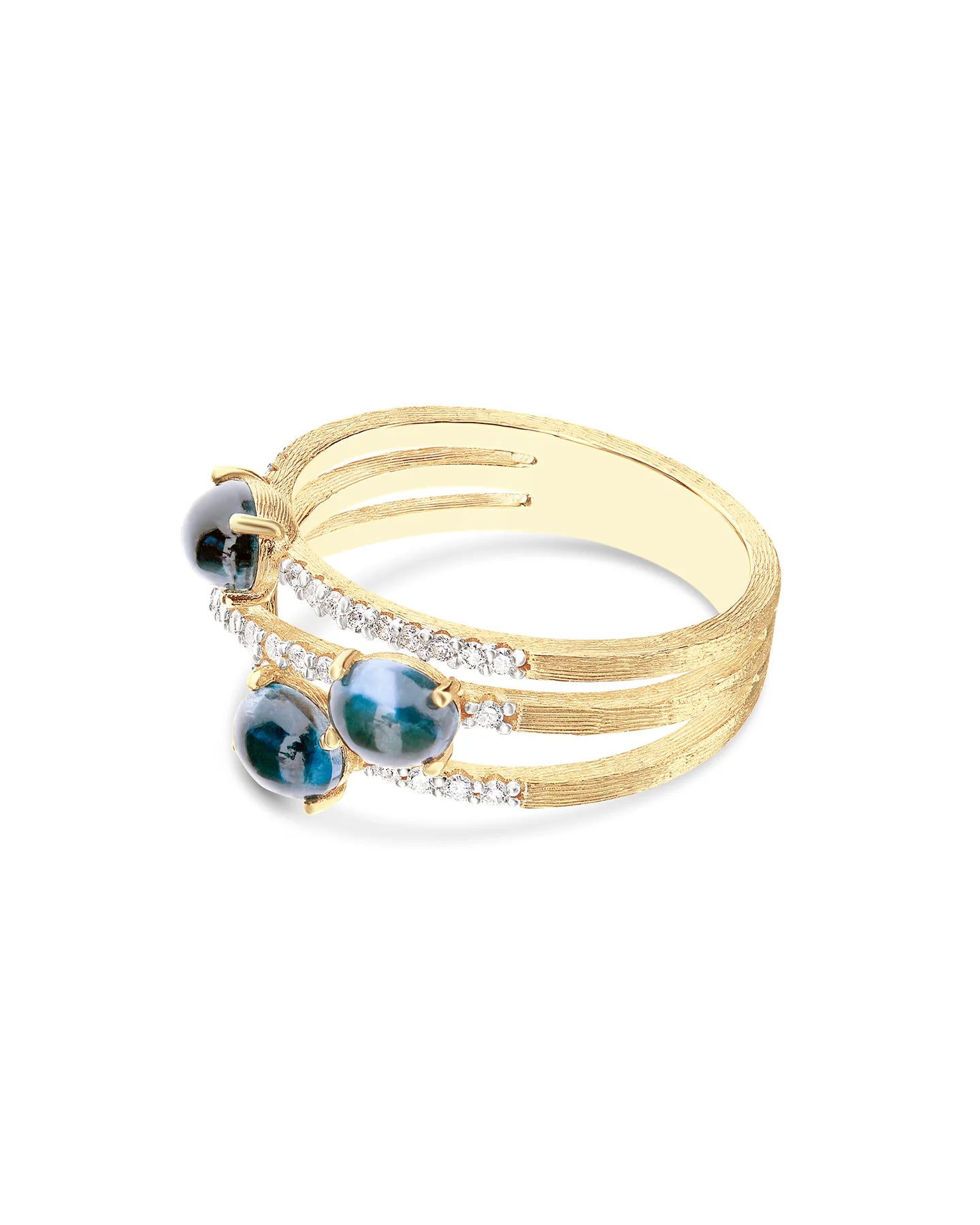 Anello Nanis "DANCING AZURE" incrociato in oro, diamanti e topazio london blu