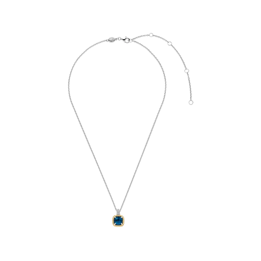 Collana con Pendente Blu (Cushion) in Argento Dorato e Zirconi