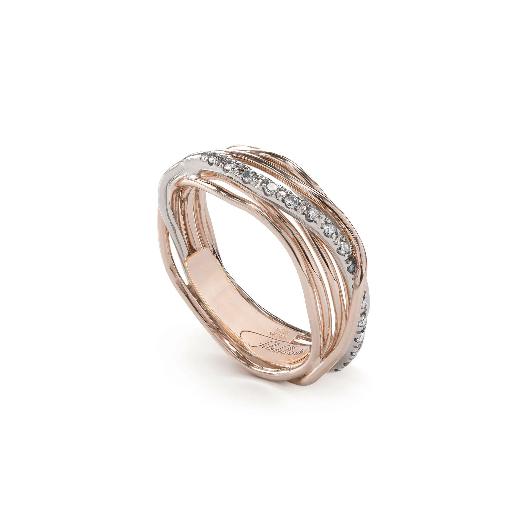 Filodellavita 7 fili in Oro Rosa 9kt e riviere in Oro Bianco con 16 Diamanti Bianchi
