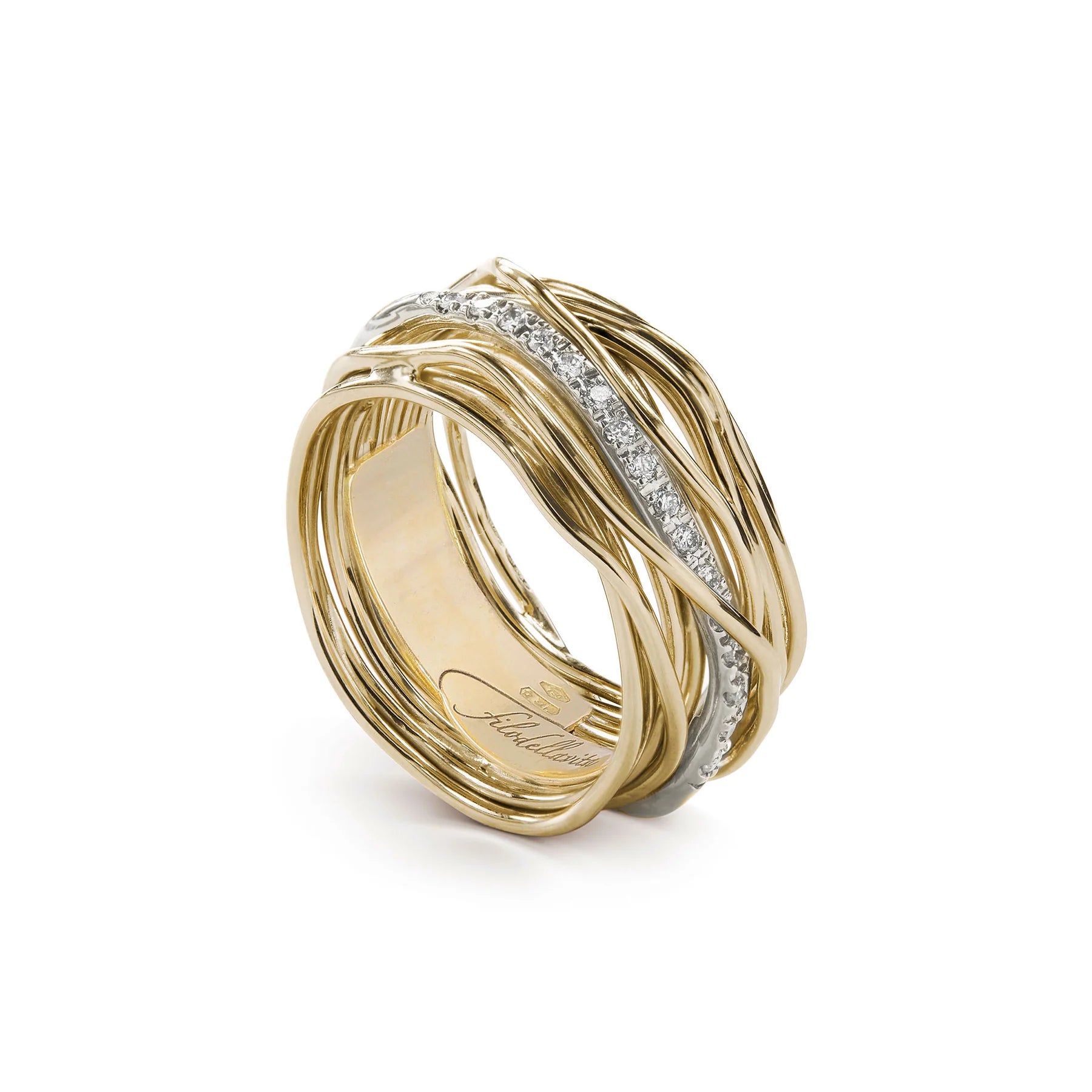 Filodellavita 13 fili in Oro Giallo 9kt e riviere in Oro Bianco con 16 Diamanti Bianchi