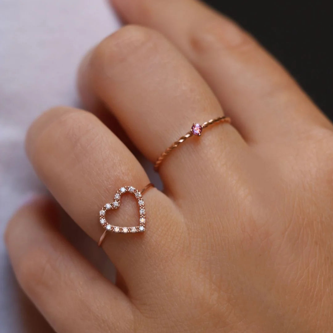 Anello Filodamore in Oro Rosa 9kt e Cuore di Diamanti Bianchi